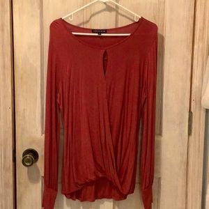Casually elegant deep red top with soft draping / long sleeve